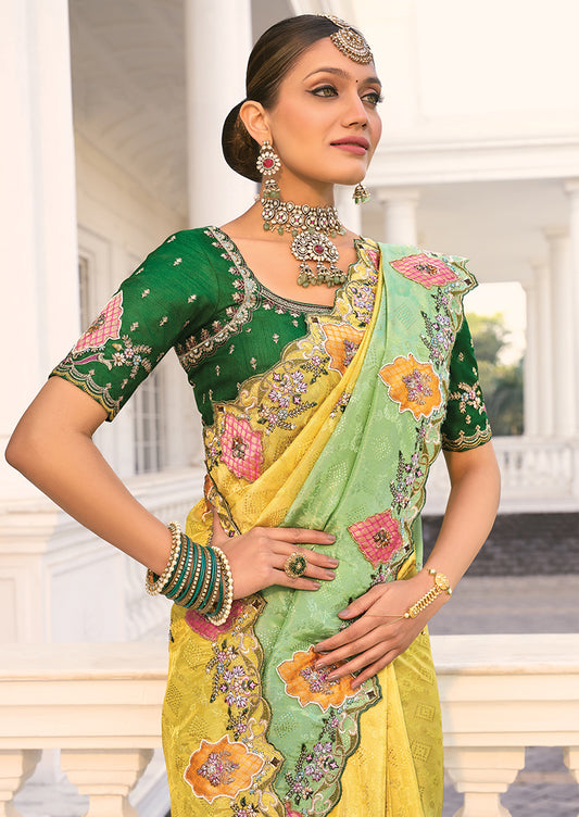 Light Green Crepe Jacquard Silk Cut-Dana & Thread Work Saree