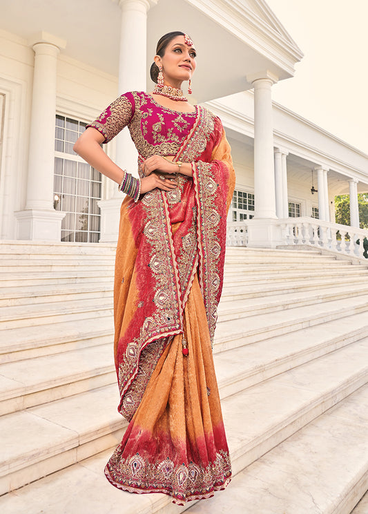 Rust Crepe Jacquard Silk Cut-Dana & Thread Work Saree