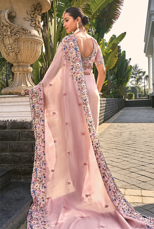 Pink Crepe Jacquard Silk Thread Work Stylish Saree