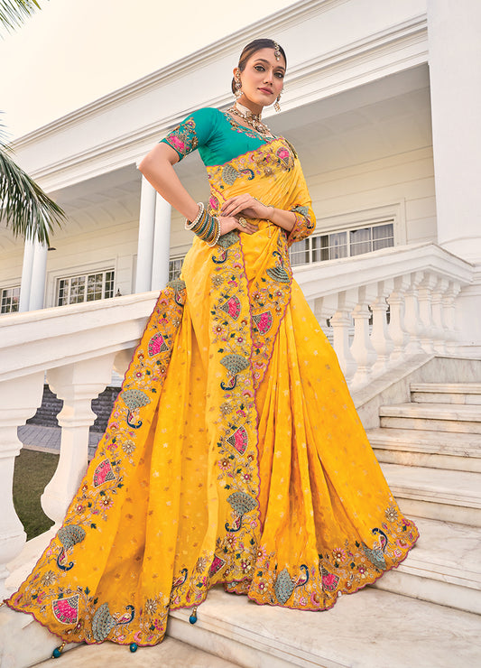 Yellow Crepe Jacquard Silk Thread Work Stylish Saree