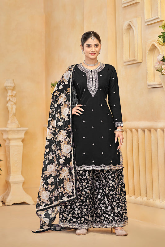 Black Roman Silk Trendy Palazzo Suit With Heavy Dupatta