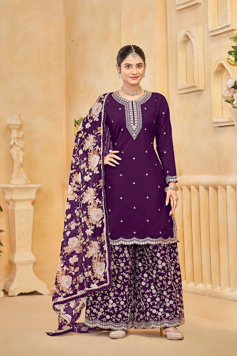Purple Roman Silk Trendy Palazzo Suit With Heavy Dupatta