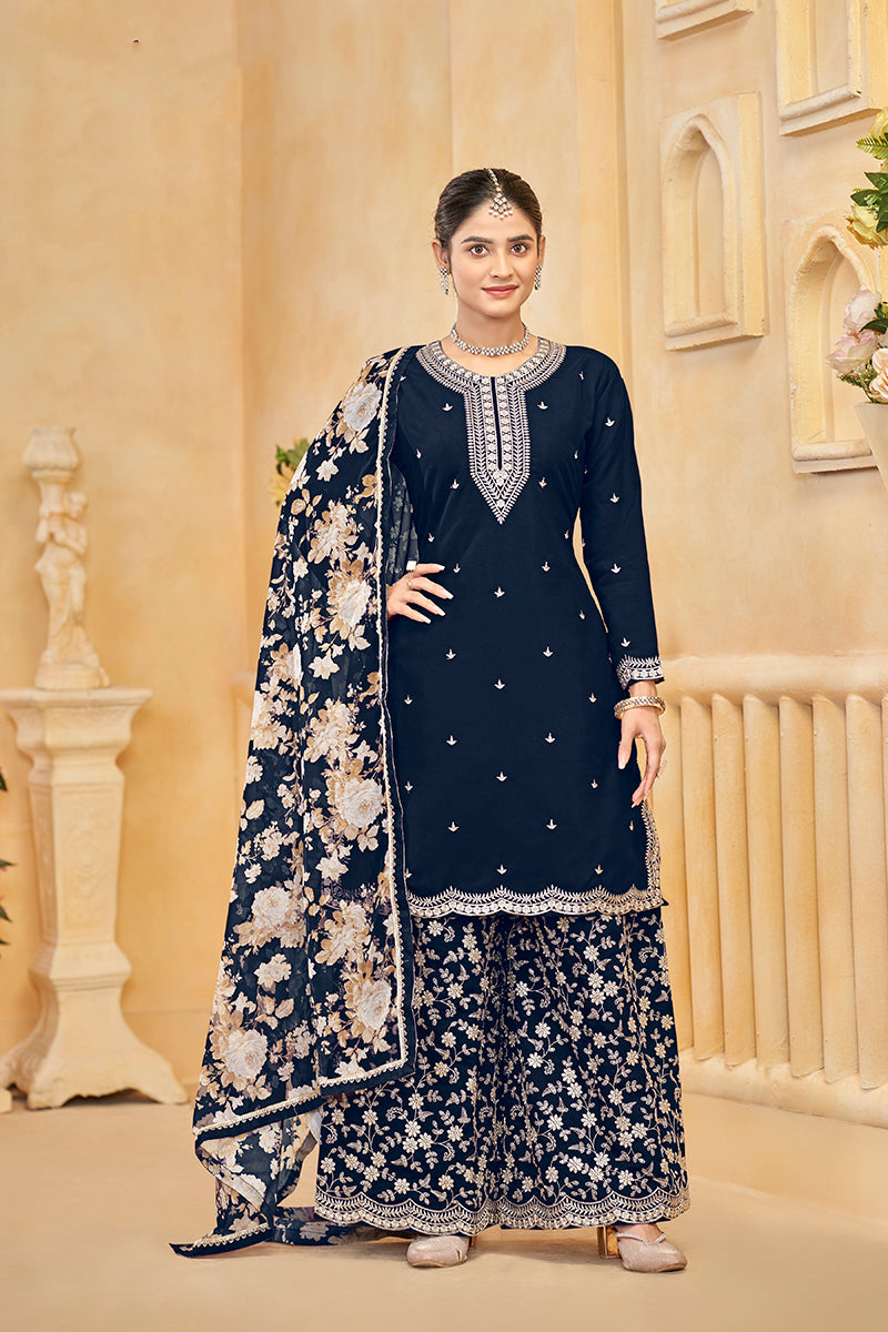 Navy blue Roman Silk Trendy Palazzo Suit With Heavy Dupatta