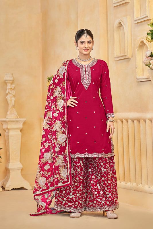 Hot Pink Roman Silk Trendy Palazzo Suit With Heavy Dupatta