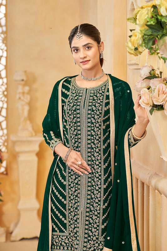 Dark Green Faux Georgette  Embroidered Trendy Sharara Set
