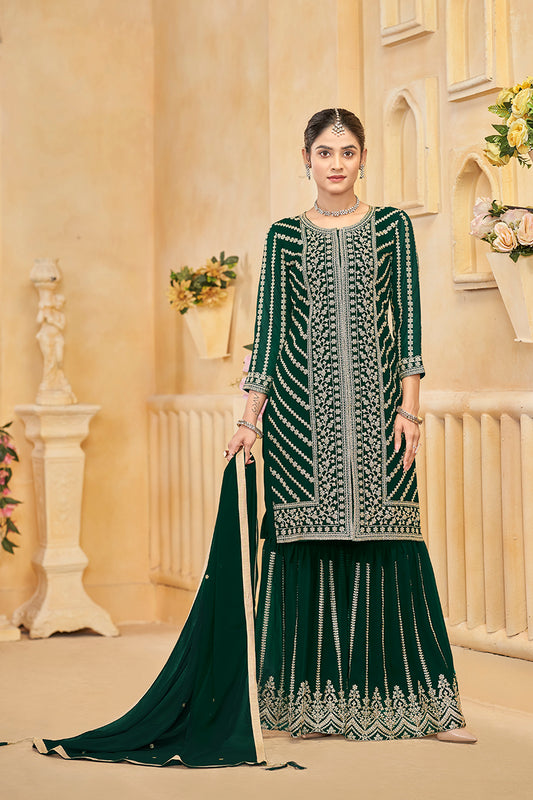 Dark Green Faux Georgette  Embroidered Trendy Sharara Set