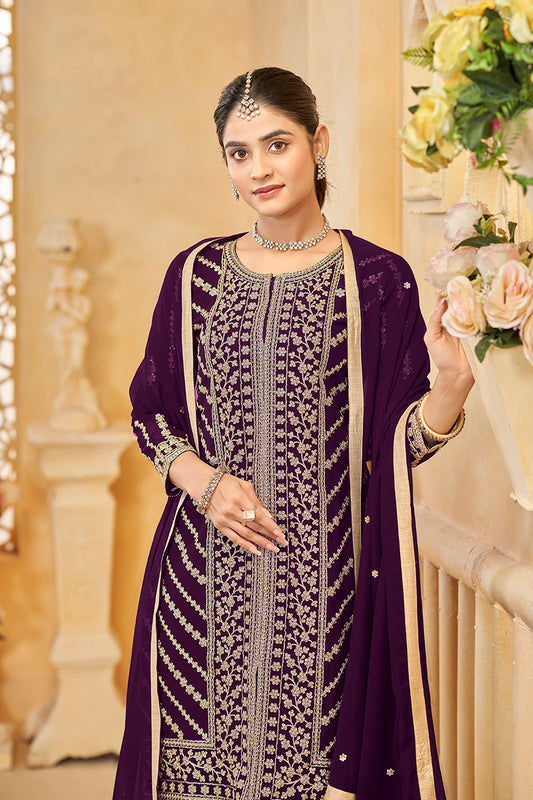 Purple Faux Georgette  Embroidered Trendy Sharara Set