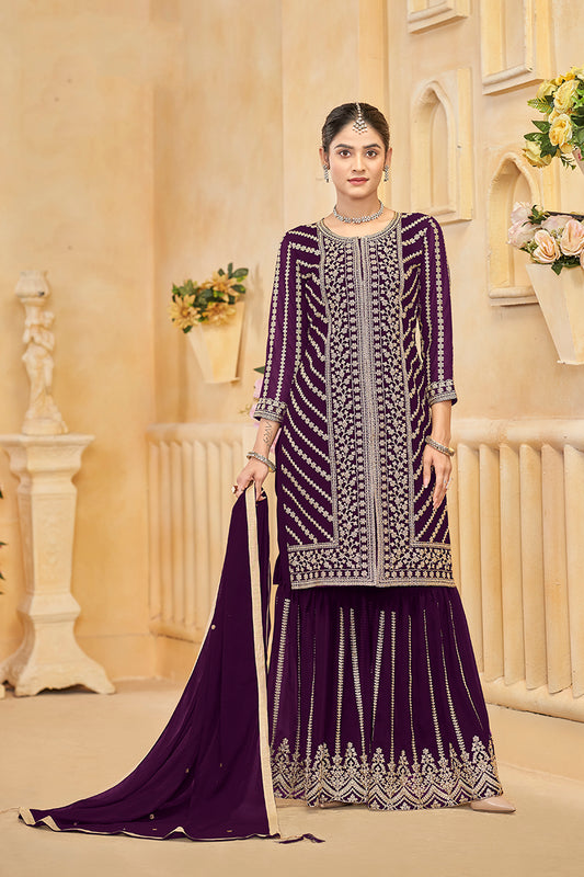 Purple Faux Georgette  Embroidered Trendy Sharara Set