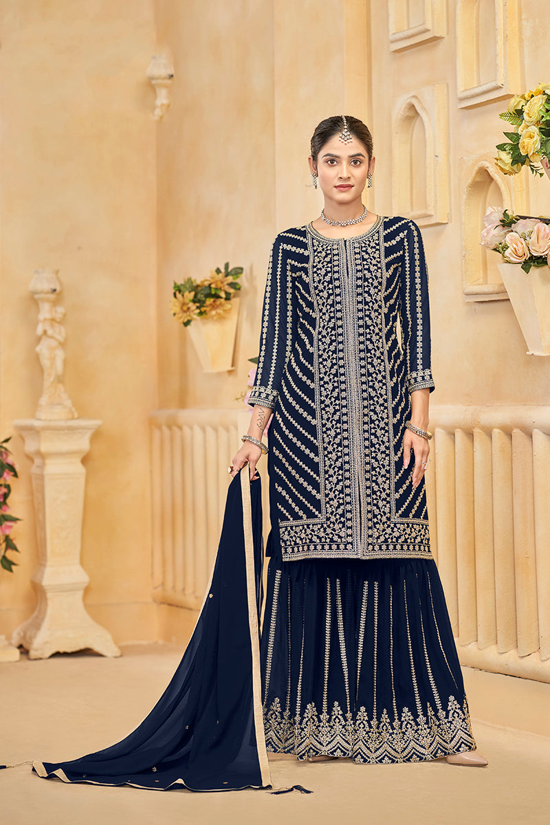Dark blue Faux Georgette  Embroidered Trendy Sharara Set