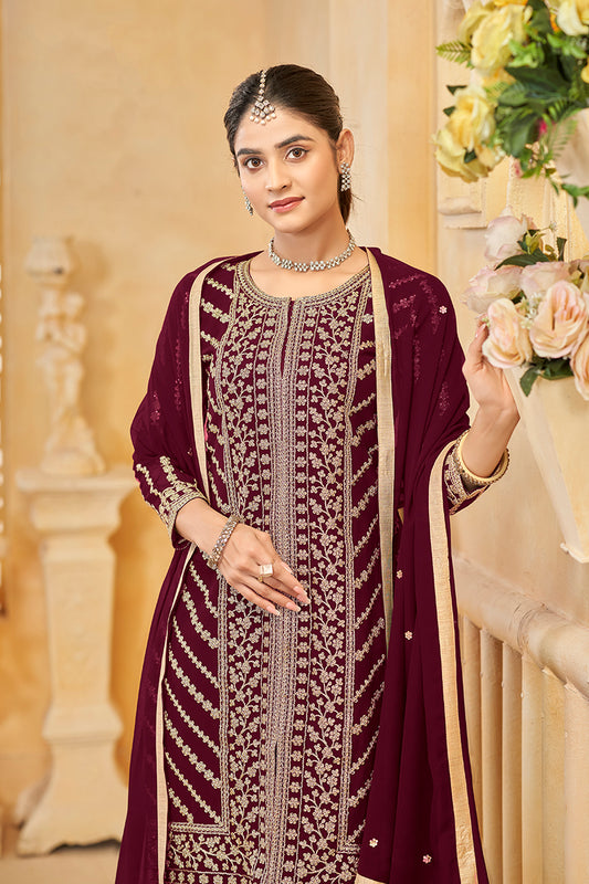 Maroon Faux Georgette Embroidered Trendy Sharara Set