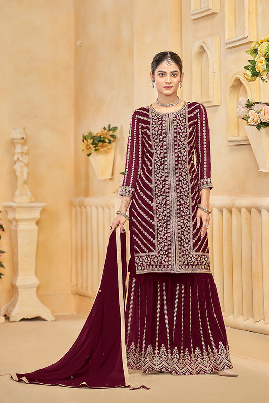 Maroon Faux Georgette Embroidered Trendy Sharara Set