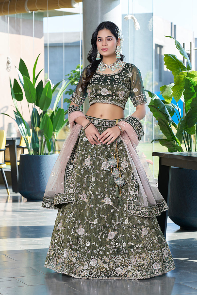 Mehendi Green Silk Embroidered Work Lehenga Choli For Wedding