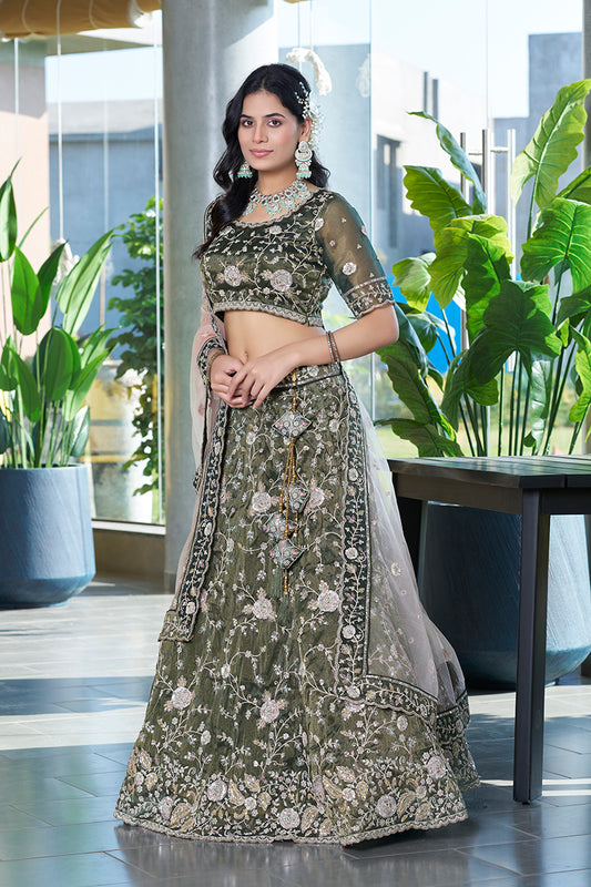 Mehendi Green Silk Embroidered Work Lehenga Choli For Wedding