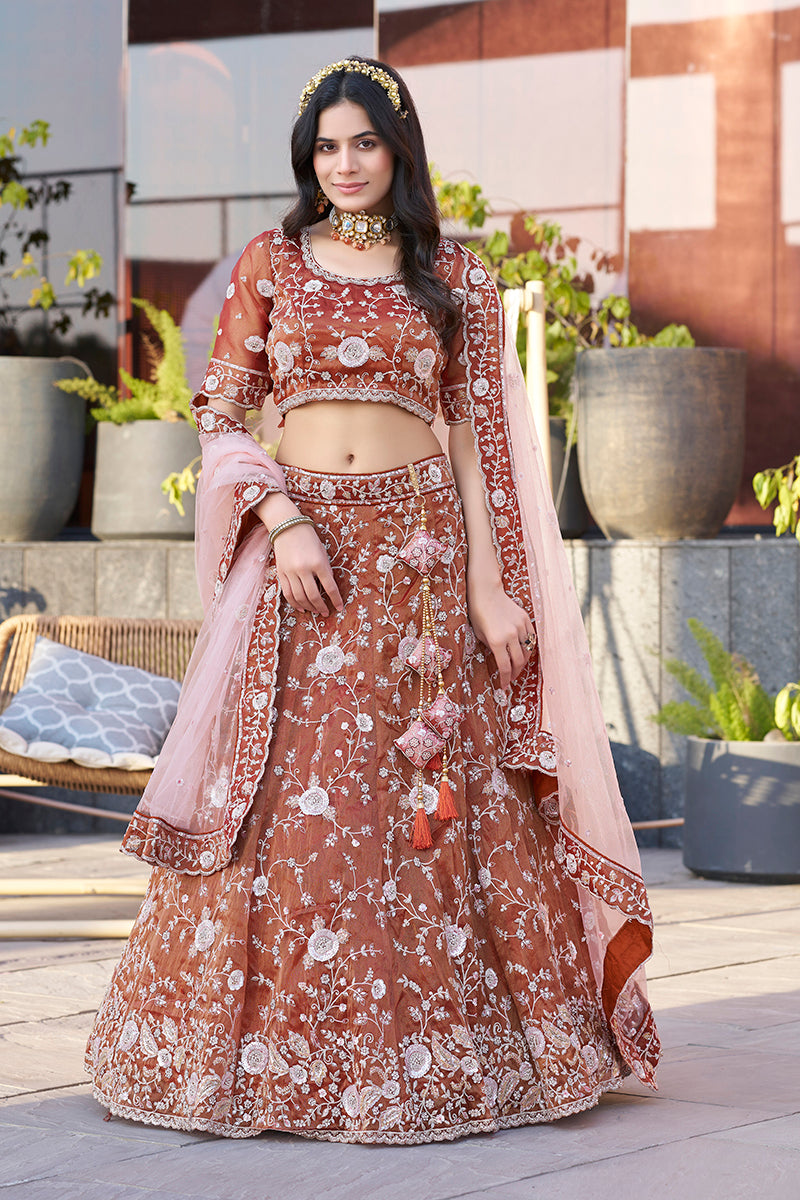 Rust Silk Embroidered Work Lehenga Choli For Wedding