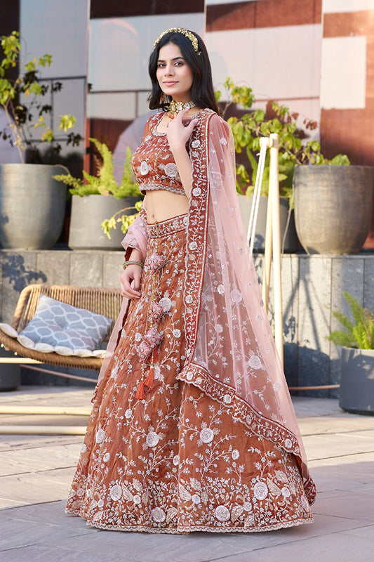 Rust Silk Embroidered Work Lehenga Choli For Wedding