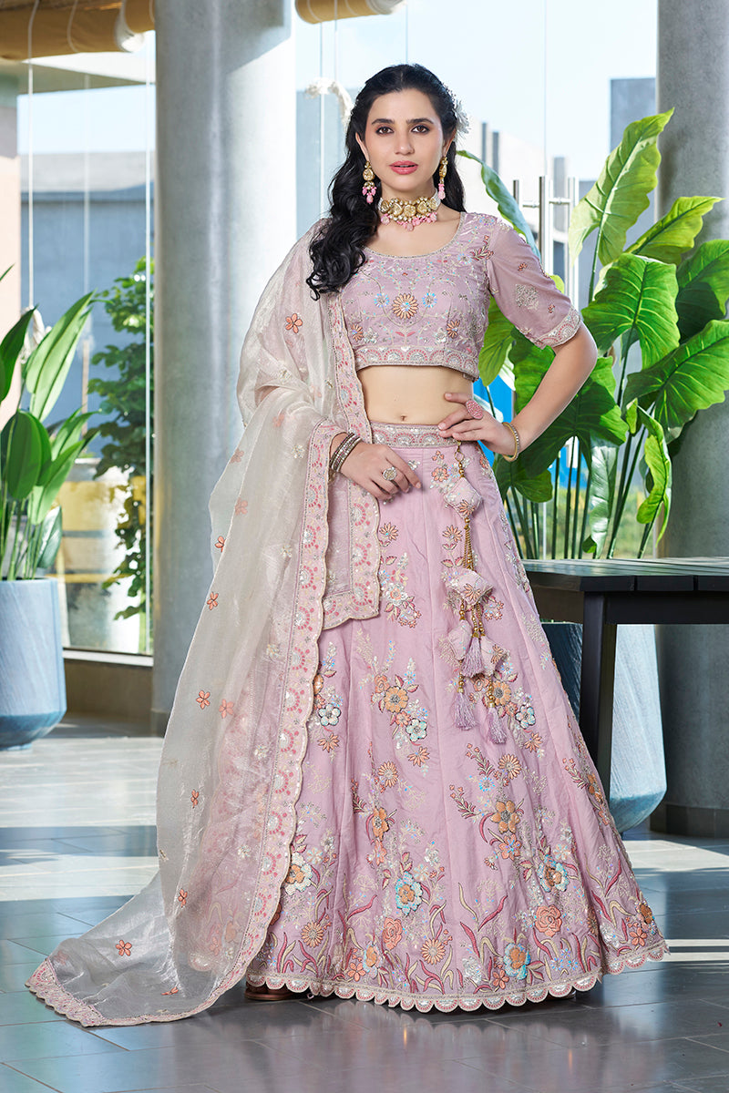 Light Pink Silk Embroidered Work Lehenga Choli For Wedding