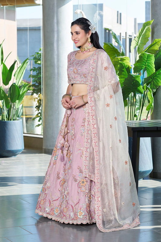 Light Pink Silk Embroidered Work Lehenga Choli For Wedding