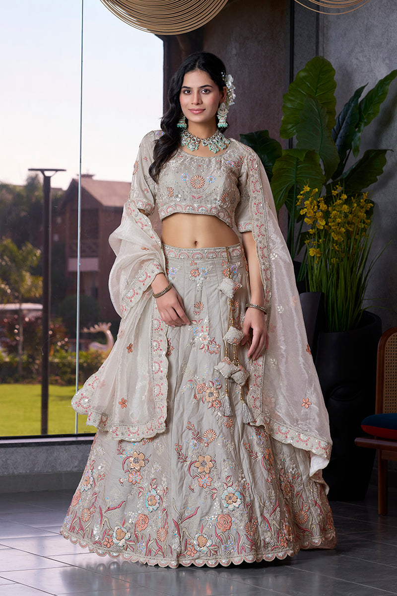 Grey Silk Embroidered Work Lehenga Choli For Wedding