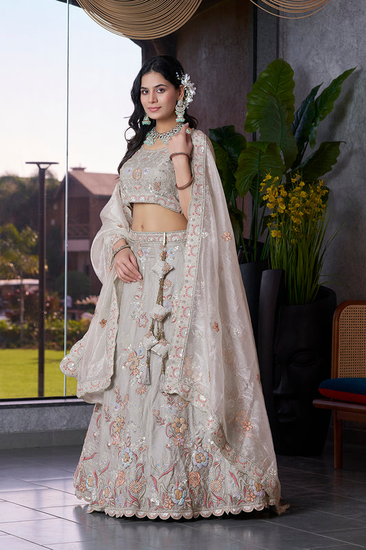 Grey Silk Embroidered Work Lehenga Choli For Wedding