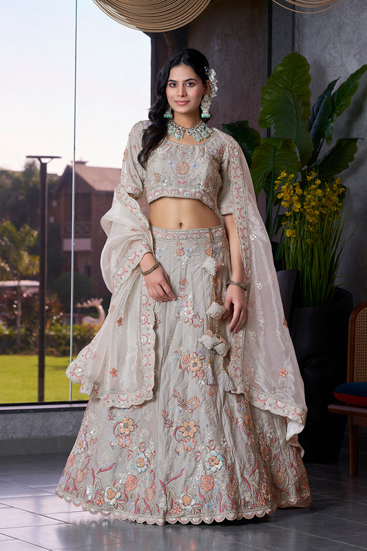 Grey Silk Embroidered Work Lehenga Choli For Wedding