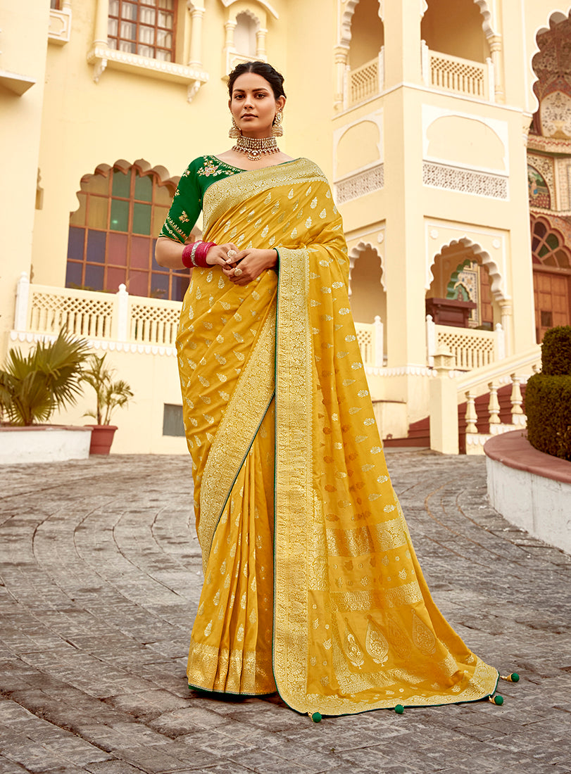 Mustard Traditional Zari Woven Dola Silk Saree