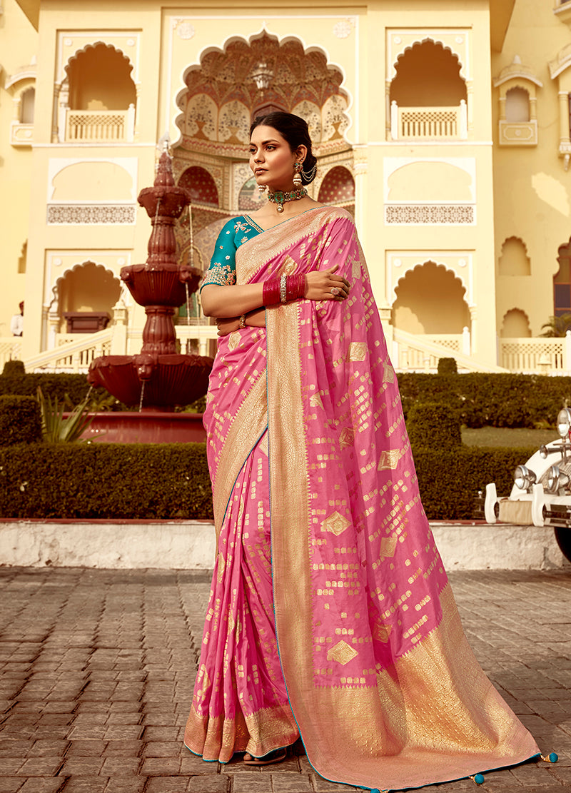 Pink Dola Silk with Gold Zari Weaving Work Saree for Traditional Wear
