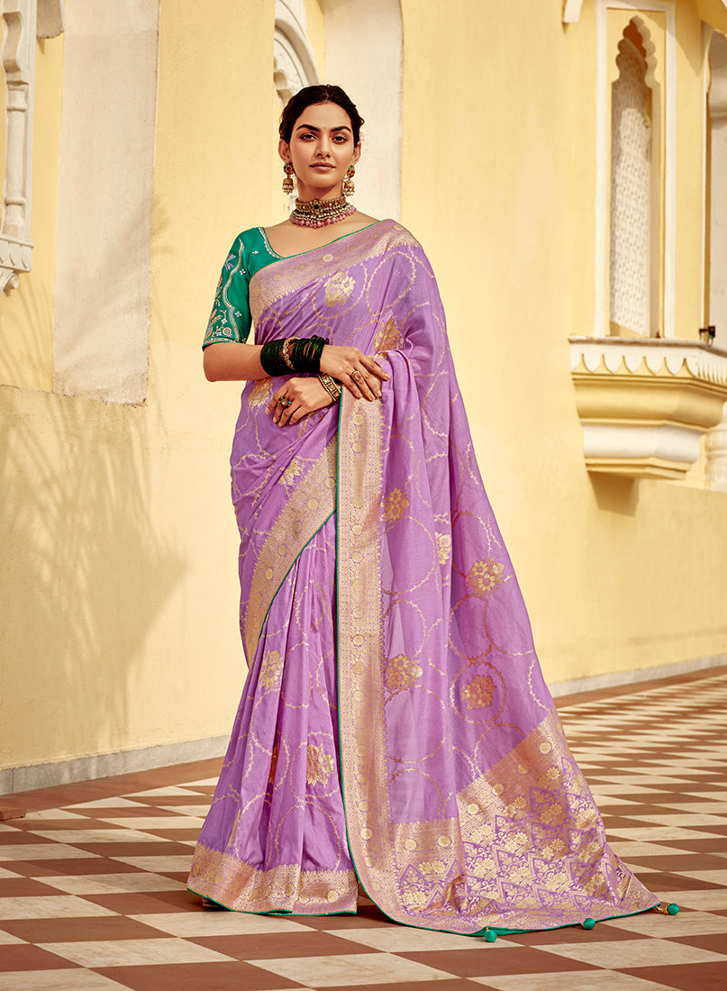Lavender Dola Silk with Gold Zari Weaving Work Saree