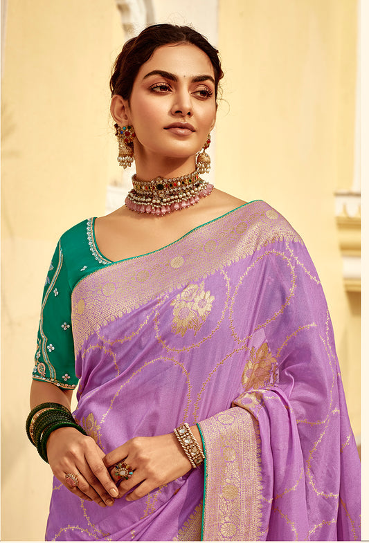 Lavender Dola Silk with Gold Zari Weaving Work Saree
