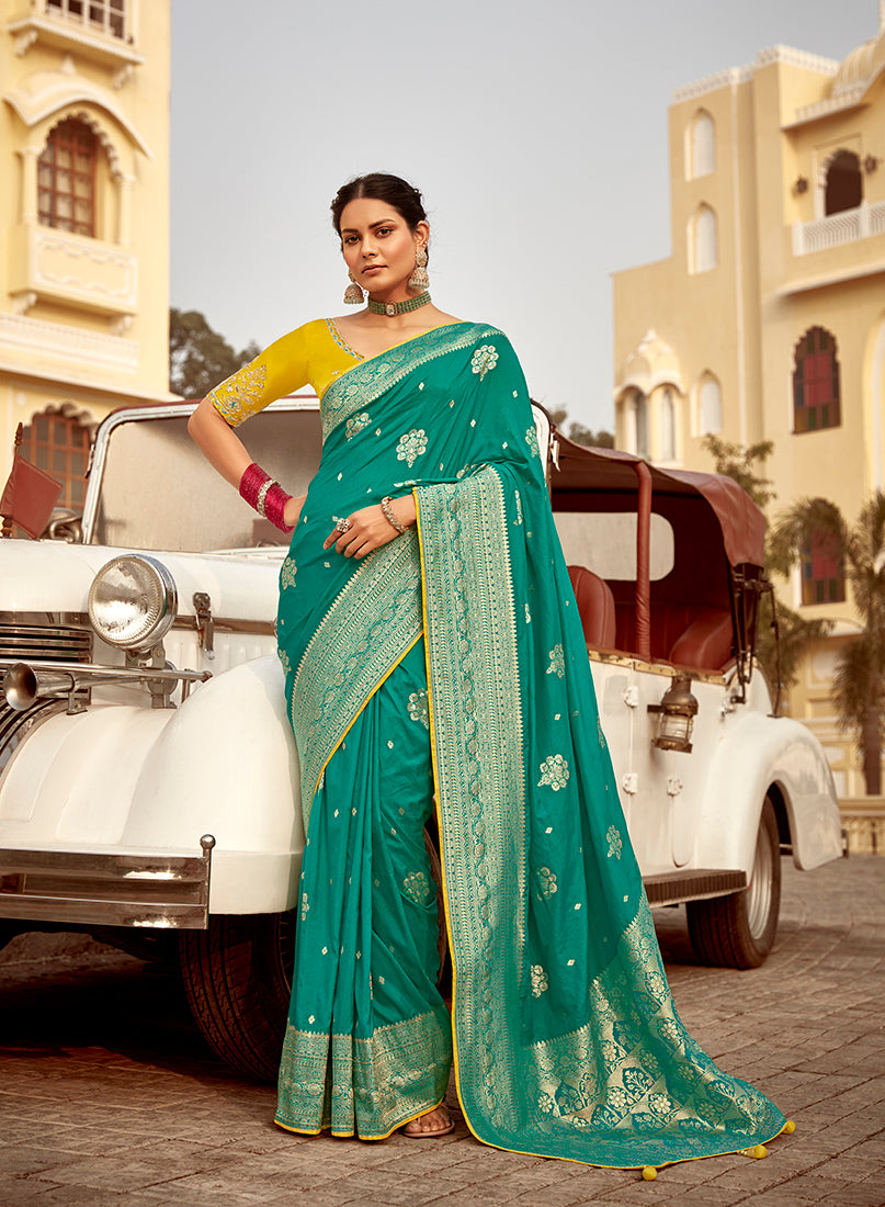 Teal Dola Silk with Gold Zari Weaving Work Saree
