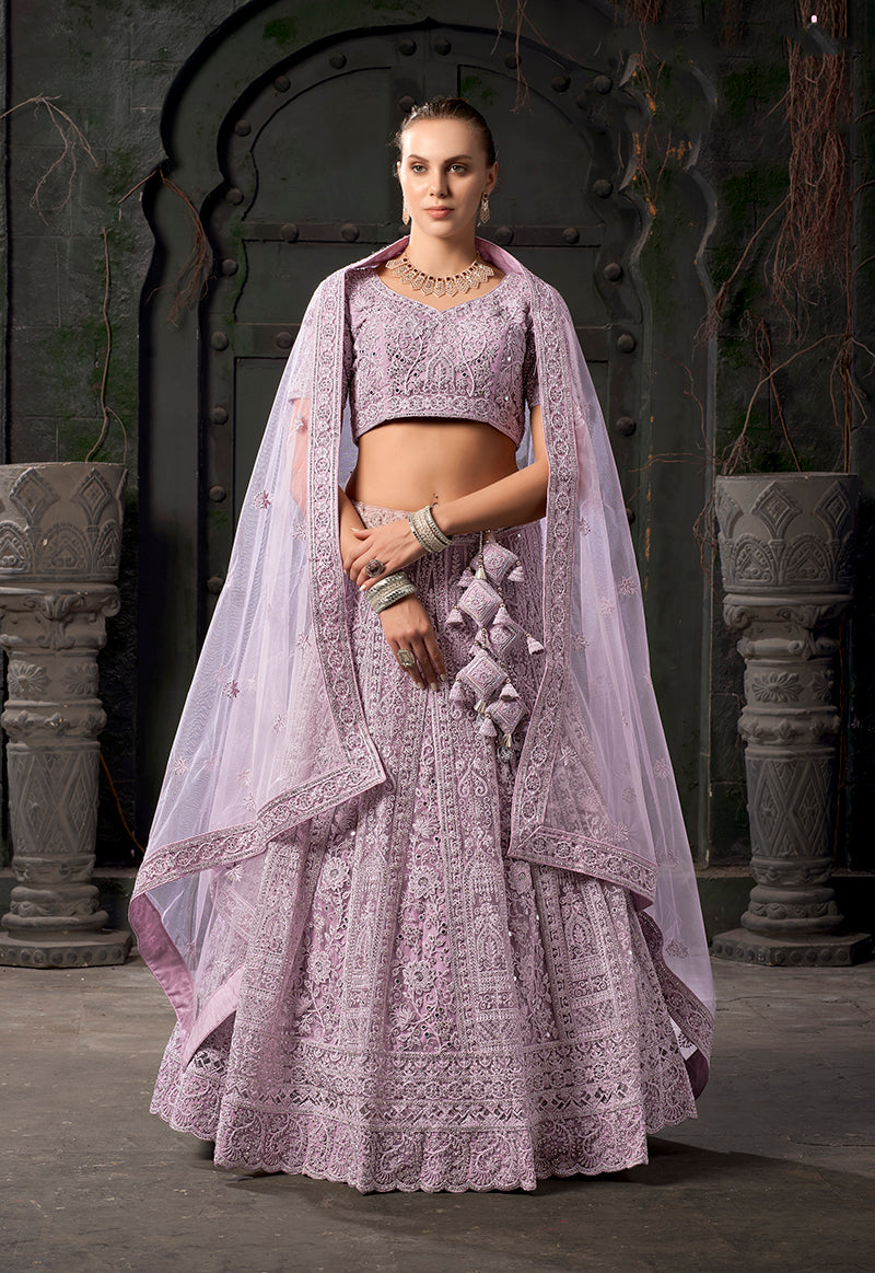 Lavender Net Embroidered Designer Bridal Lehenga Choli