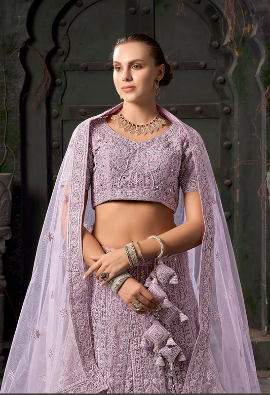 Lavender Net Embroidered Designer Bridal Lehenga Choli