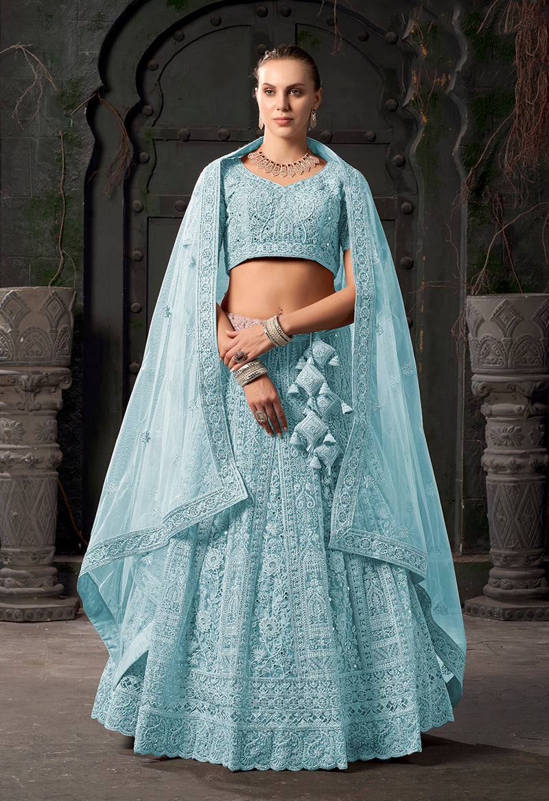 Sky Blue Net Embroidered Designer Bridal Lehenga Choli