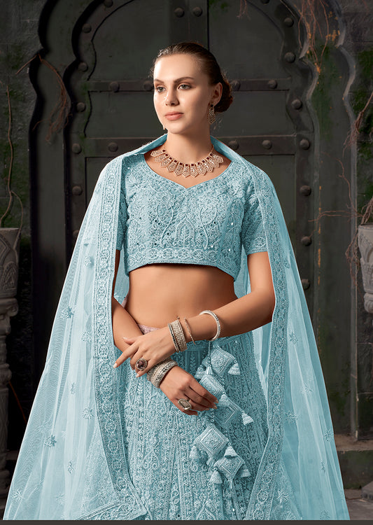 Sky Blue Net Embroidered Designer Bridal Lehenga Choli