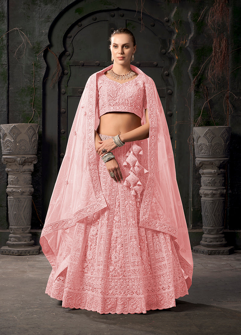 Light Pink Net Embroidered Designer Bridal Lehenga Choli