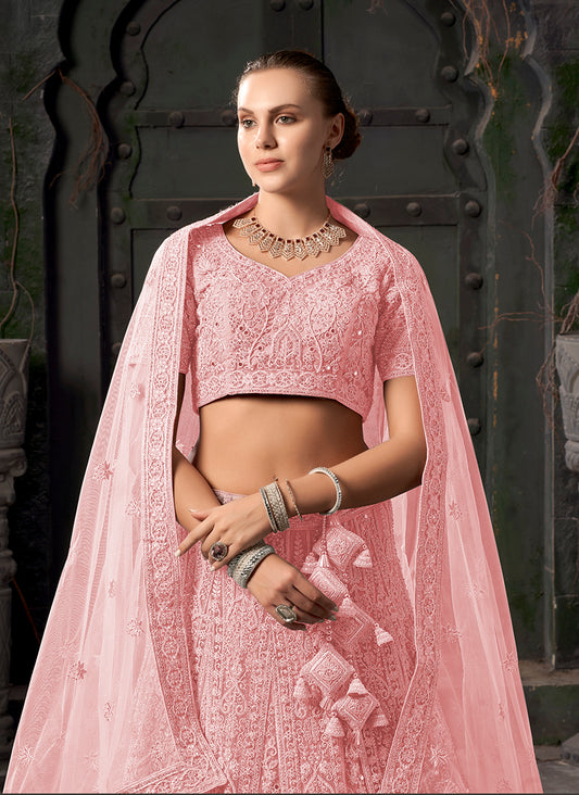 Light Pink Net Embroidered Designer Bridal Lehenga Choli