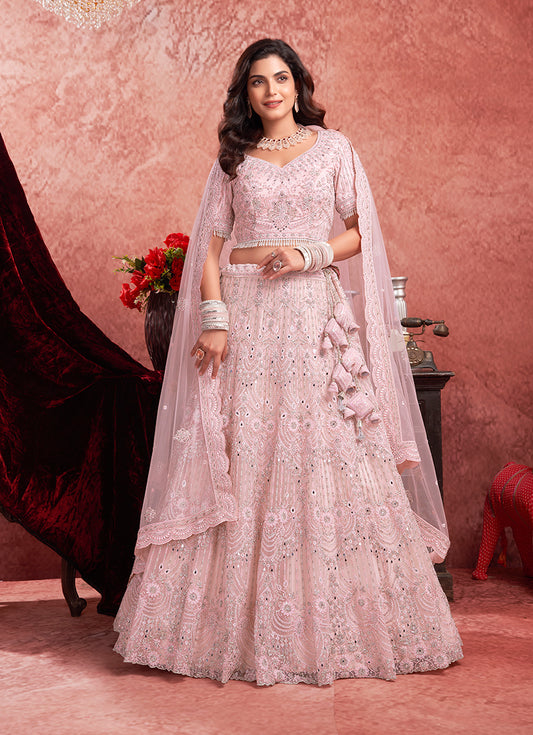 Baby Pink Net Embroidered Designer Bridal Lehenga Choli