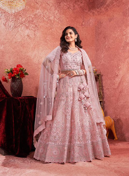 Pink Net Embroidered Designer Bridal Lehenga Choli