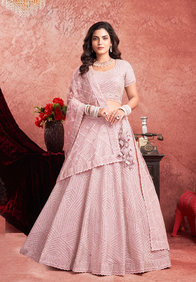Baby Pink Net Embroidered Designer Bridal Lehenga Choli