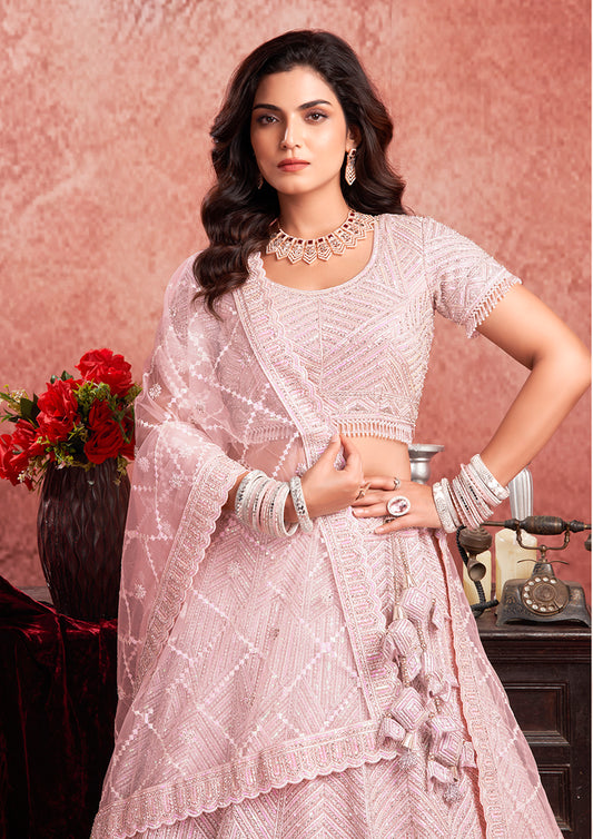 Baby Pink Net Embroidered Designer Bridal Lehenga Choli