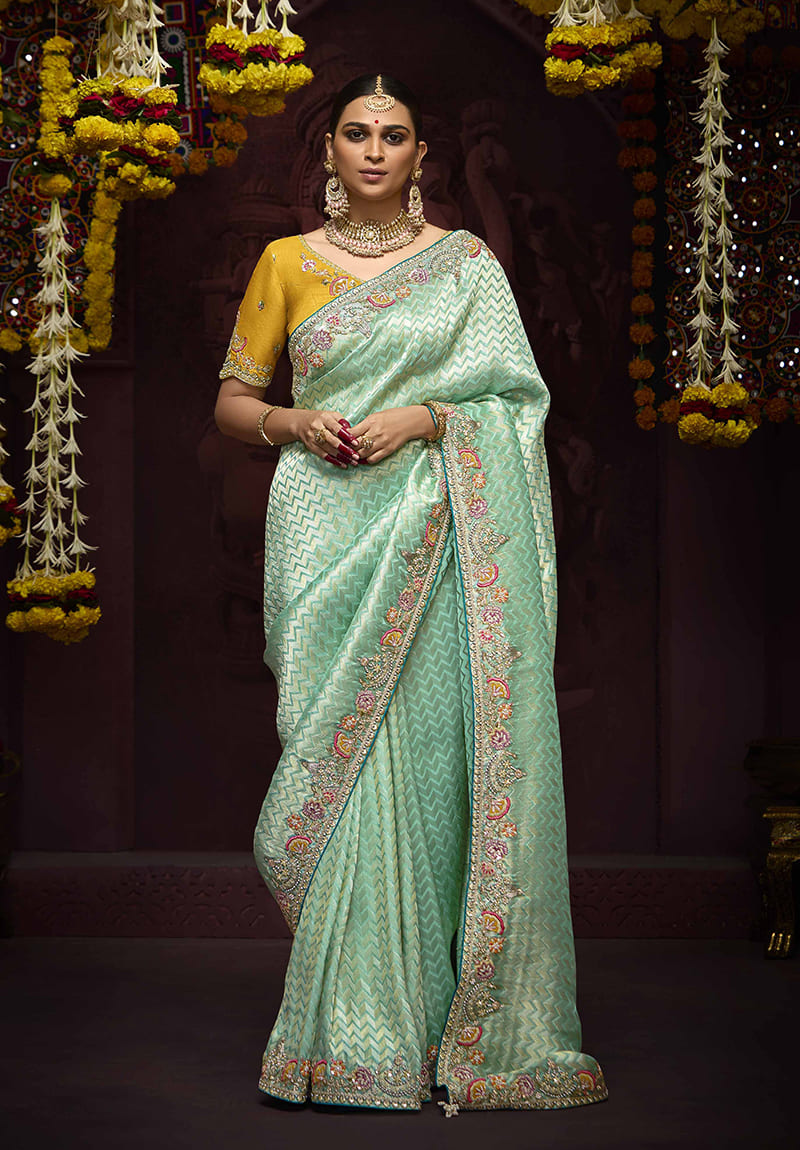 Light Turquoise Banarasi Silk Zari Woven Embroidered Traditional wear Saree