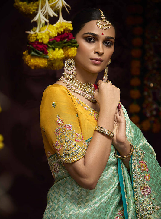 Light Turquoise Banarasi Silk Zari Woven Embroidered Traditional wear Saree