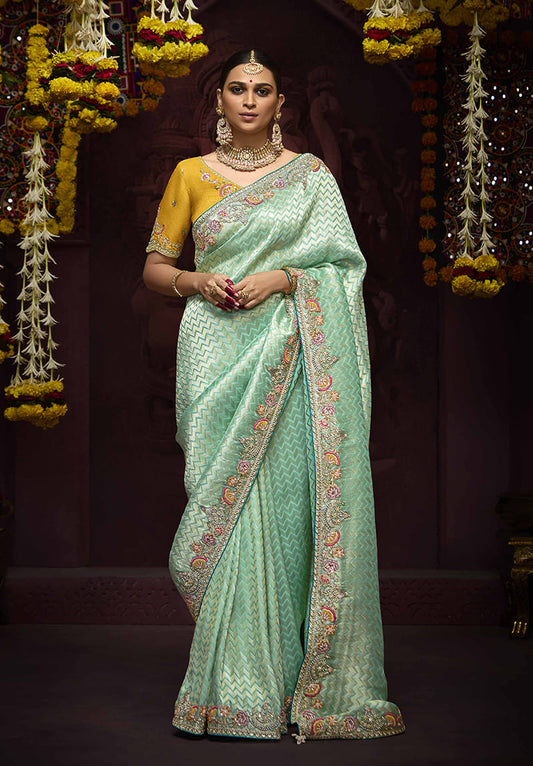 Light Turquoise Banarasi Silk Zari Woven Embroidered Traditional wear Saree