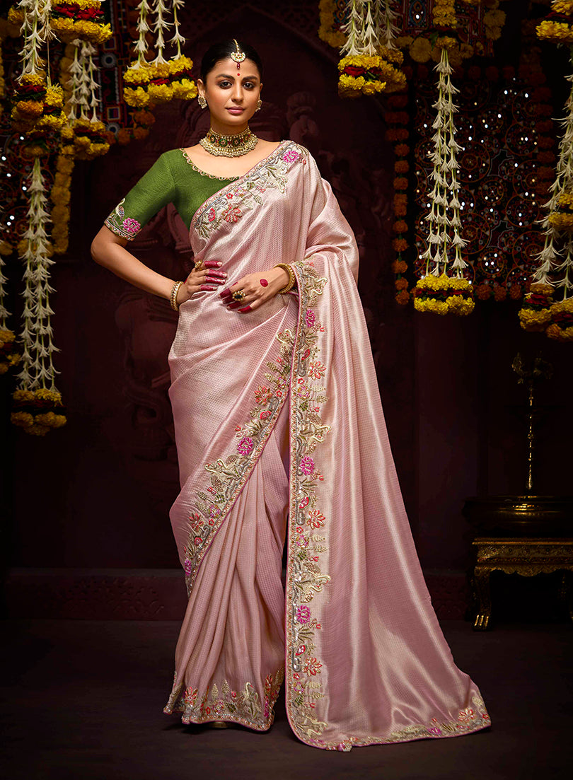 Dusty Rose Pink Banarasi Silk Zari Woven Embroidered Traditional wear Saree