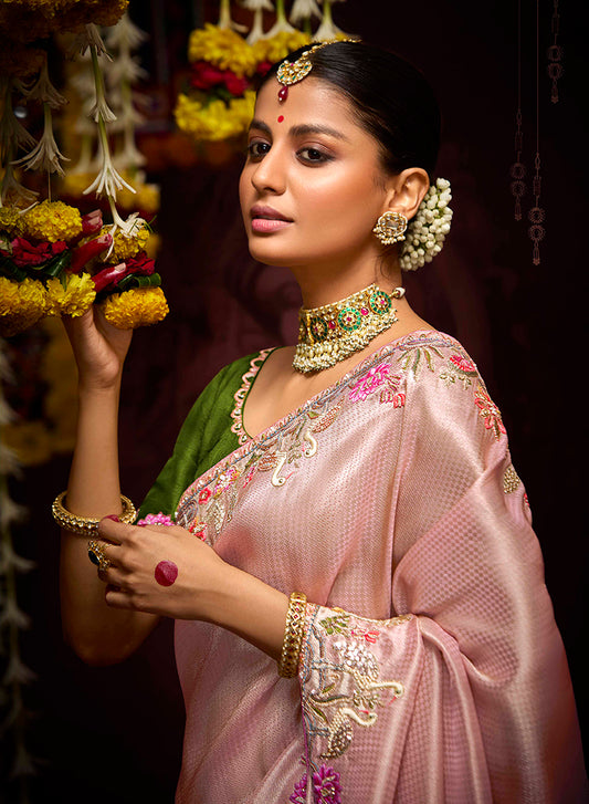 Dusty Rose Pink Banarasi Silk Zari Woven Embroidered Traditional wear Saree