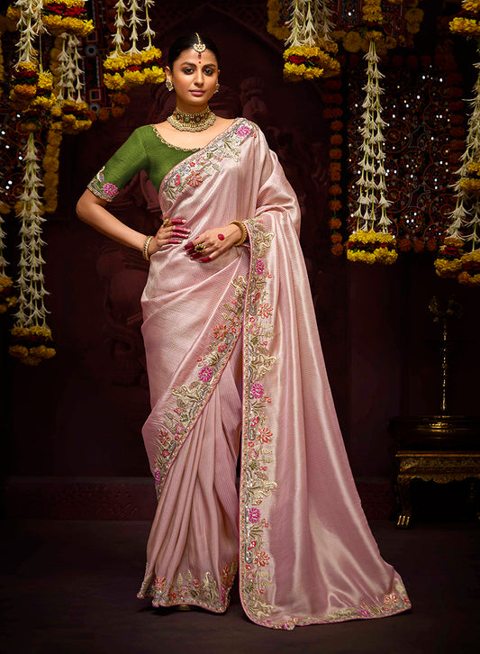Dusty Rose Pink Banarasi Silk Zari Woven Embroidered Traditional wear Saree