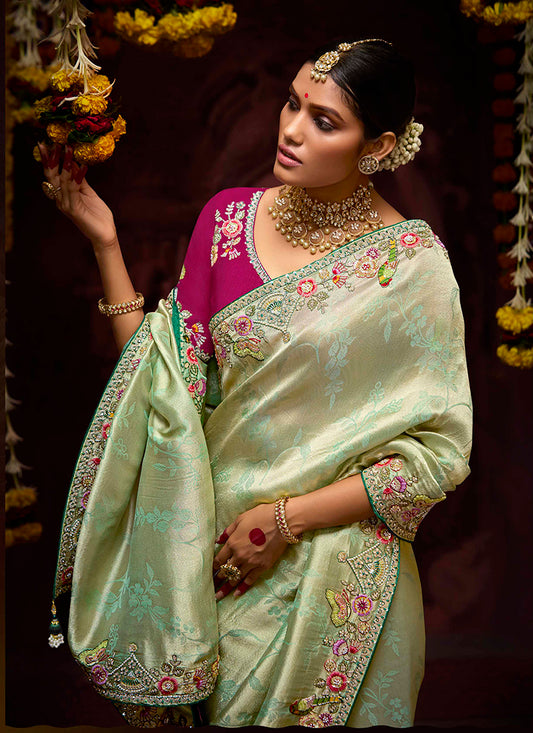Light Green Banarasi Silk Zari Woven Embroidered Traditional wear Saree
