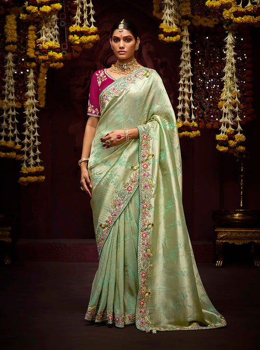Light Green Banarasi Silk Zari Woven Embroidered Traditional wear Saree