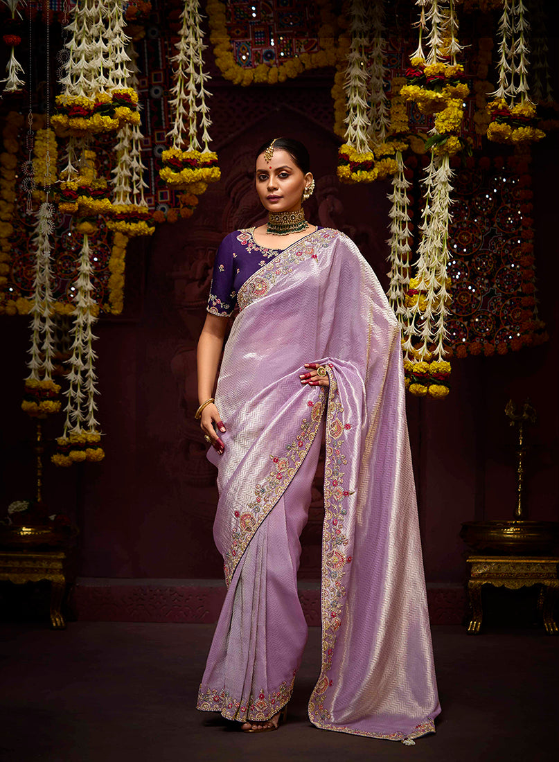 Lavender Banarasi Silk Zari Woven Embroidered Saree With Contrast Blouse