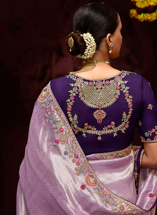 Lavender Banarasi Silk Zari Woven Embroidered Saree With Contrast Blouse