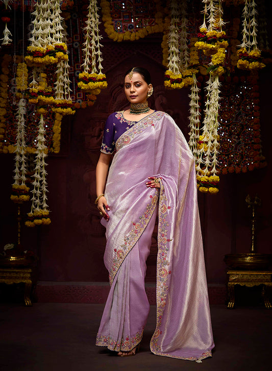 Lavender Banarasi Silk Zari Woven Embroidered Saree With Contrast Blouse